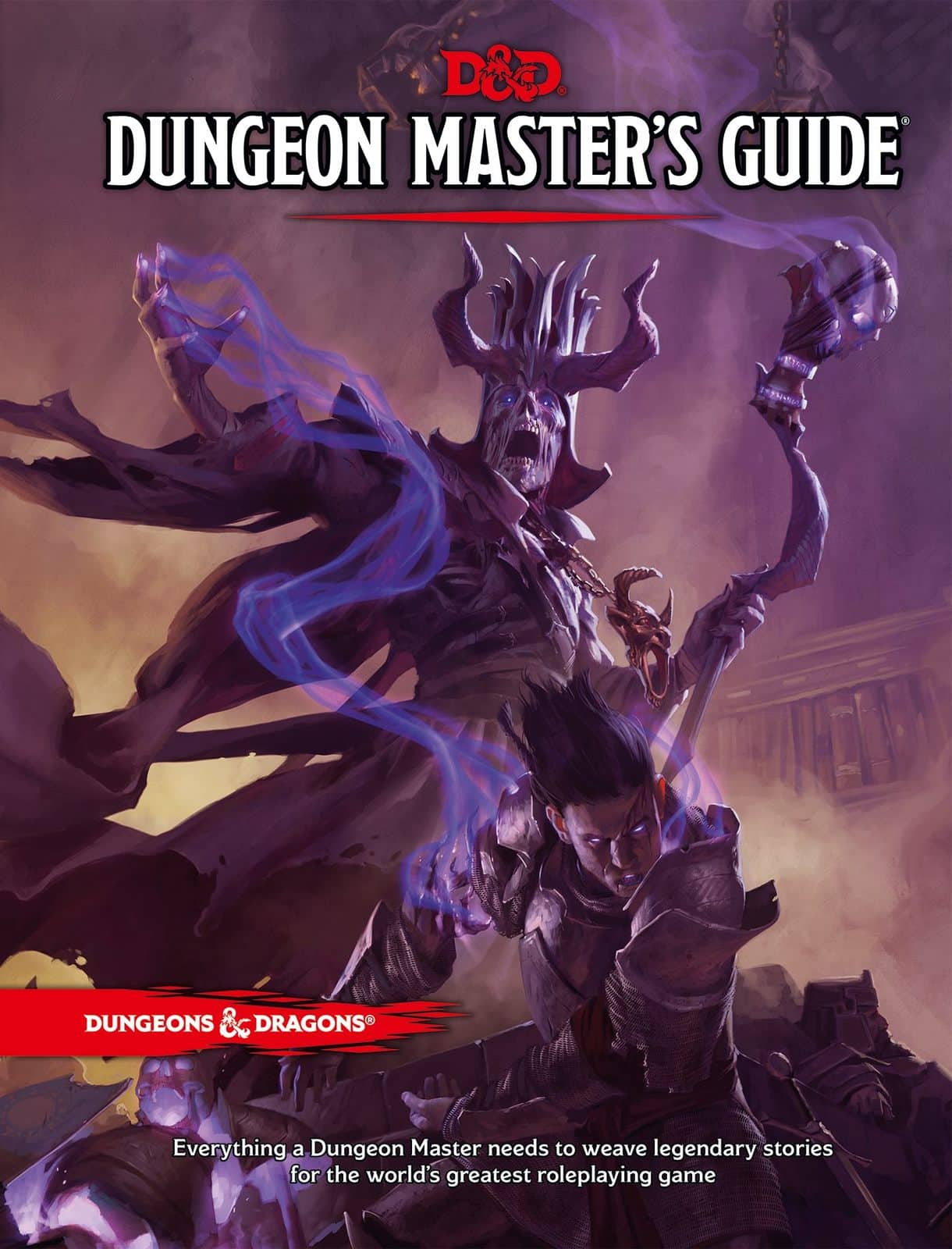 Capa do Guia do Mestre de Dungeons & Dragons com um lich sombrio lançando feitiços