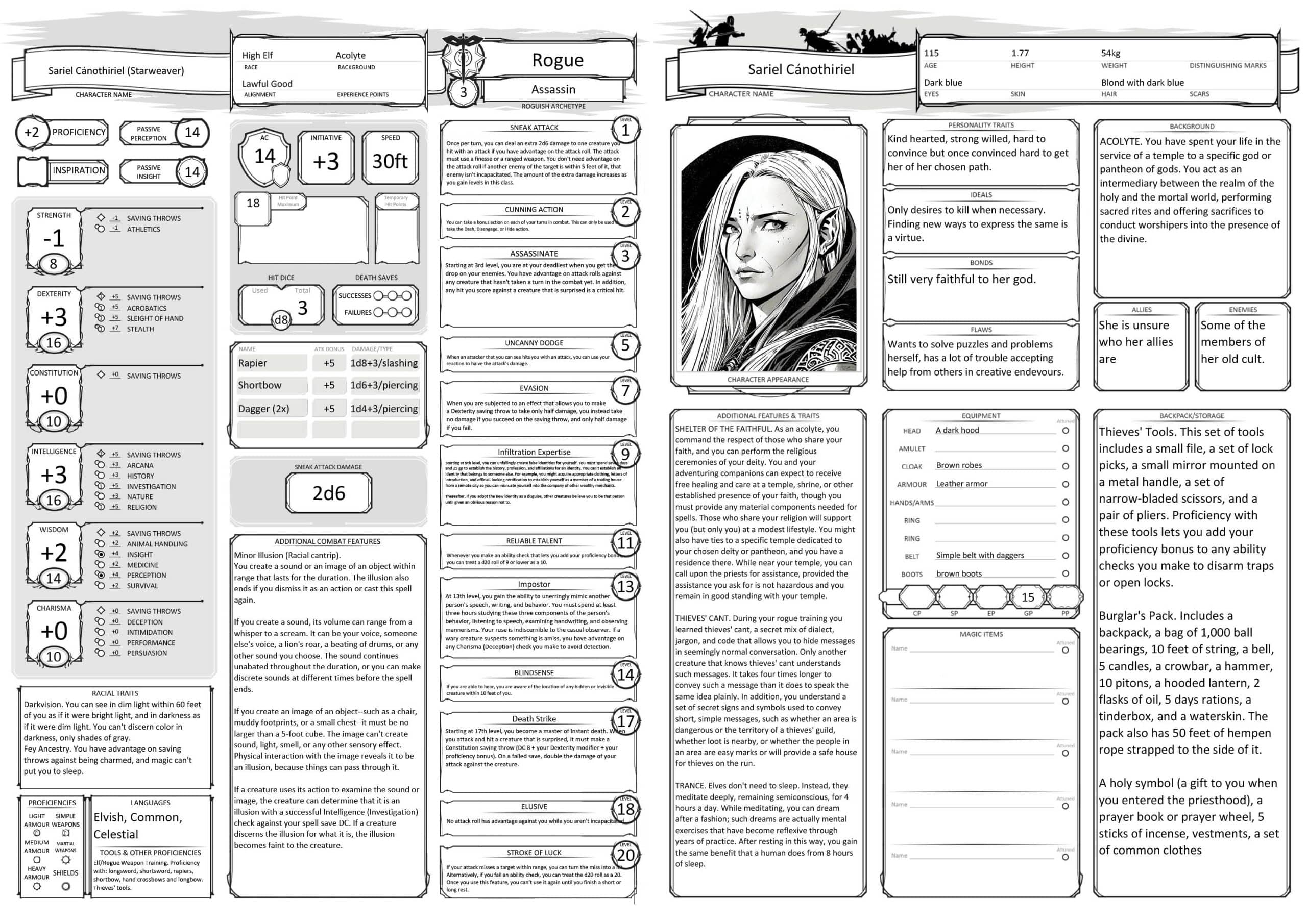 Exemplo de ficha de personagem de Dungeons & Dragons para um aventureiro elfo ladrão
