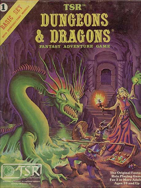 Capa do conjunto básico vintage de Dungeons & Dragons com heróis lutando contra um dragão