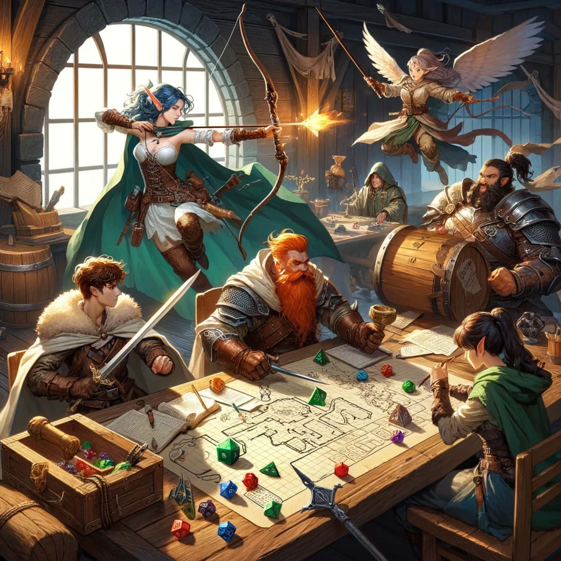 Cena épica de fantasia com jogadores se divertindo em um jogo de Dungeons & Dragons com dados e fichas de personagem