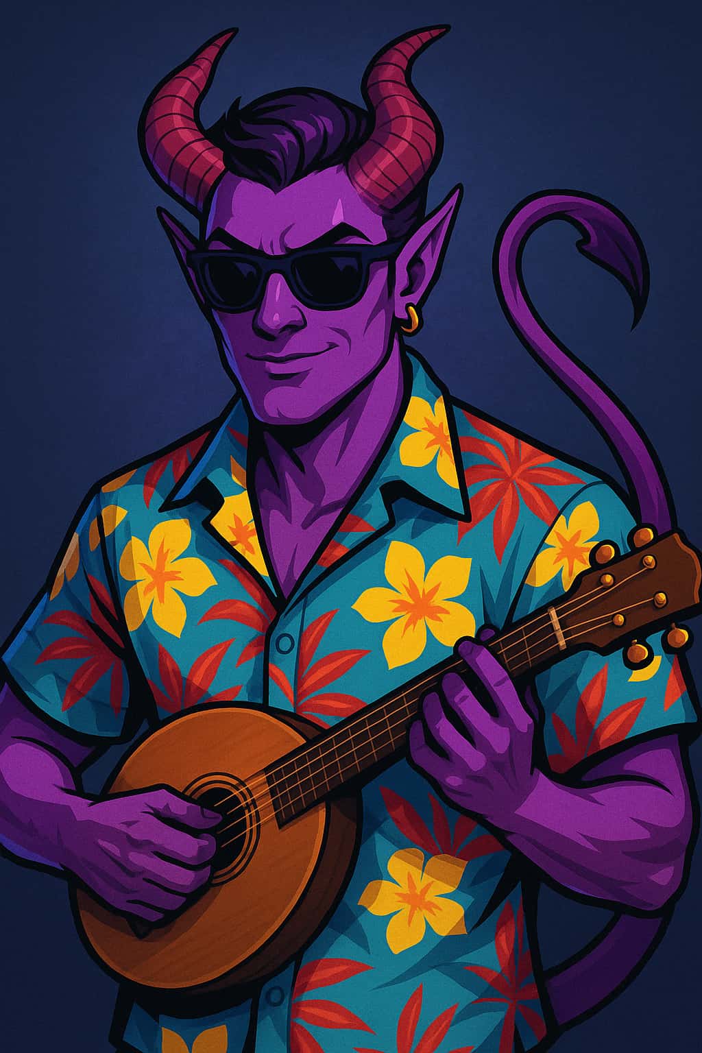 Bardo tiefling roxo legal em uma camisa havaiana tocando um alaúde, sorrindo com óculos de sol.
