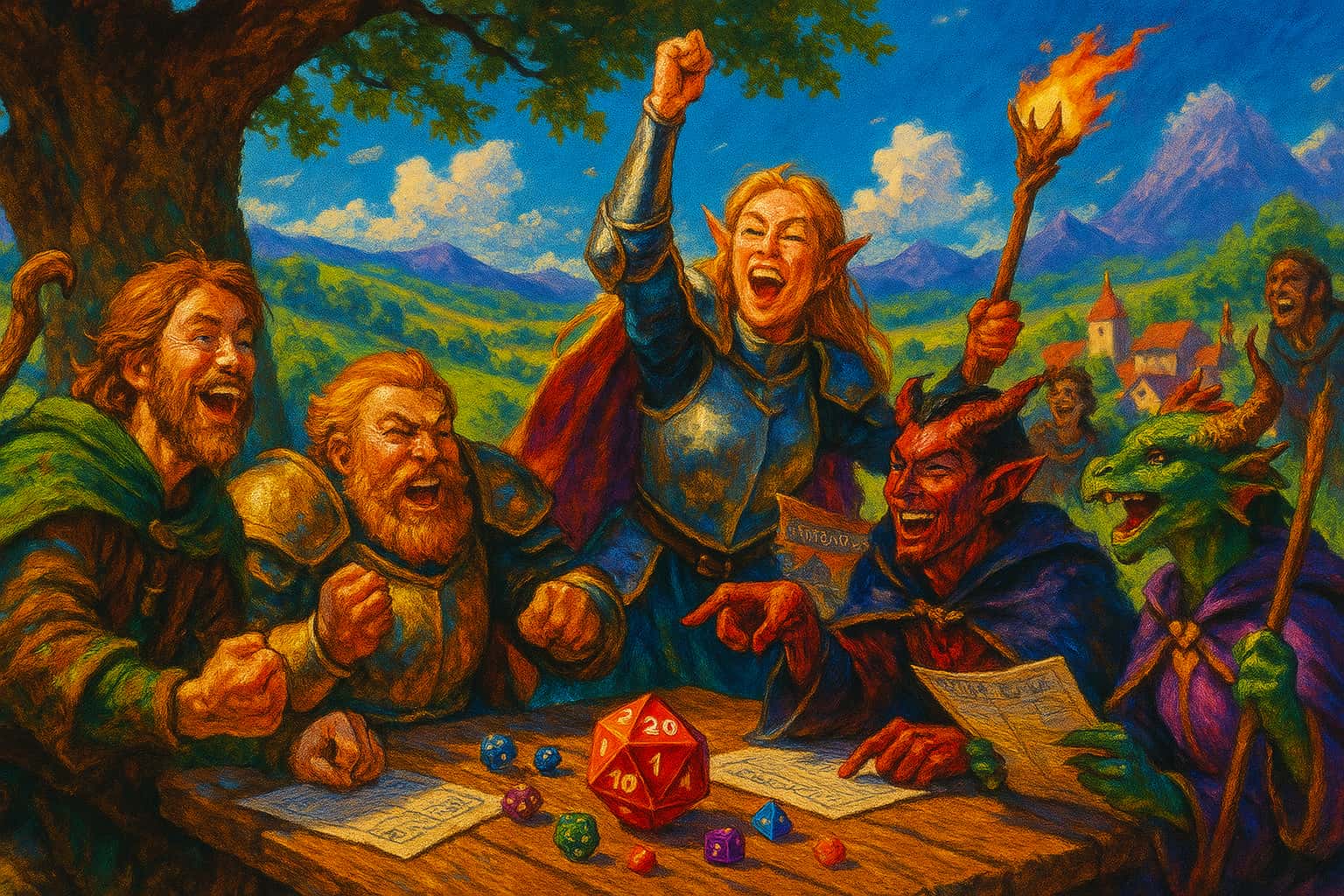 Cena de fantasia com aventureiros e dados ao redor de uma mesa em um cenário épico de Dungeons & Dragons