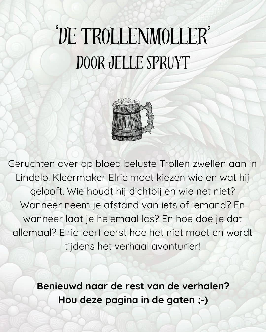 Cartão de história promocional para De Trollenmoller de Jelle Spruyt, apresentando Elric, o alfaiate, e os rumores sobre Trolls sedentos de sangue em Lindelo.